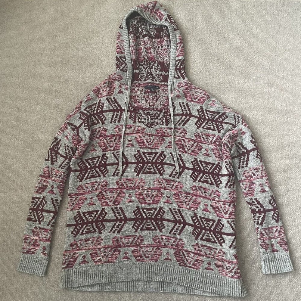 American Eagle Sweater Womens XS Grey Pink Red Sweater Hoodie Aztec Fair Aisle